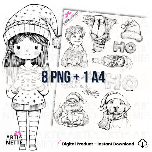 Christmas B&W Set 02. Grafiki liniowe (konturowe) do kolorowania: Mikołaj, dziewczynka w czapce, szczeniak i świąteczne akcesoria. Zestaw Black & White.