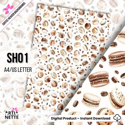 Tekstura papieru akwarelowego z tłem w kolorze beżowym i delikatnym wzorem ziaren kawy i makaroników. coffee haeven backgrounds