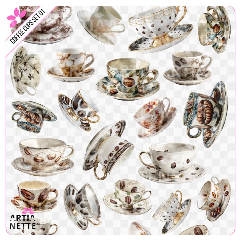 20 Clipartów PNG "Coffee Cups Set 01". Akwarelowe grafiki filiżanek do kawy i spodków, ozdobionych ziarnami kawy, złotymi akcentami i delikatnymi wzorami. Zestaw zawiera również arkusz A4 do druku.