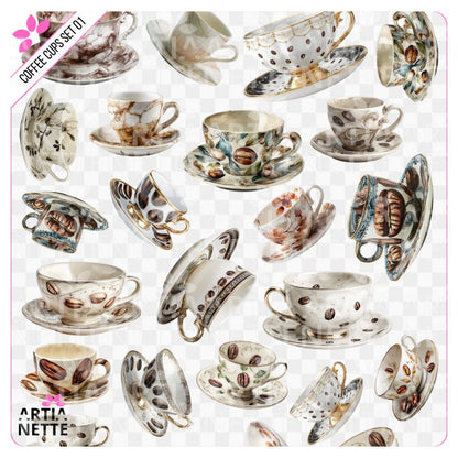 20 Clipartów PNG "Coffee Cups Set 01". Akwarelowe grafiki filiżanek do kawy i spodków, ozdobionych ziarnami kawy, złotymi akcentami i delikatnymi wzorami. Zestaw zawiera również arkusz A4 do druku.