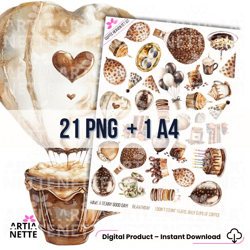 21 Akwarelowych Clipartów PNG (Set 03) na świętowanie: torty, serca, balony kawowe. kawowe urodziny, urodzinowy set, kawowy zestaw do druku ,Idealne do zaproszeń DIY. Instant Download.