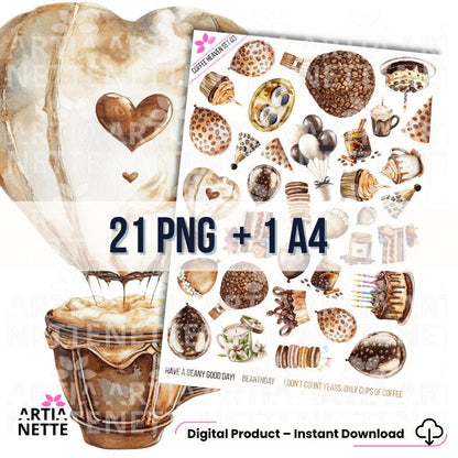 21 Akwarelowych Clipartów PNG (Set 03) na świętowanie: torty, serca, balony kawowe. kawowe urodziny, urodzinowy set, kawowy zestaw do druku ,Idealne do zaproszeń DIY. Instant Download.