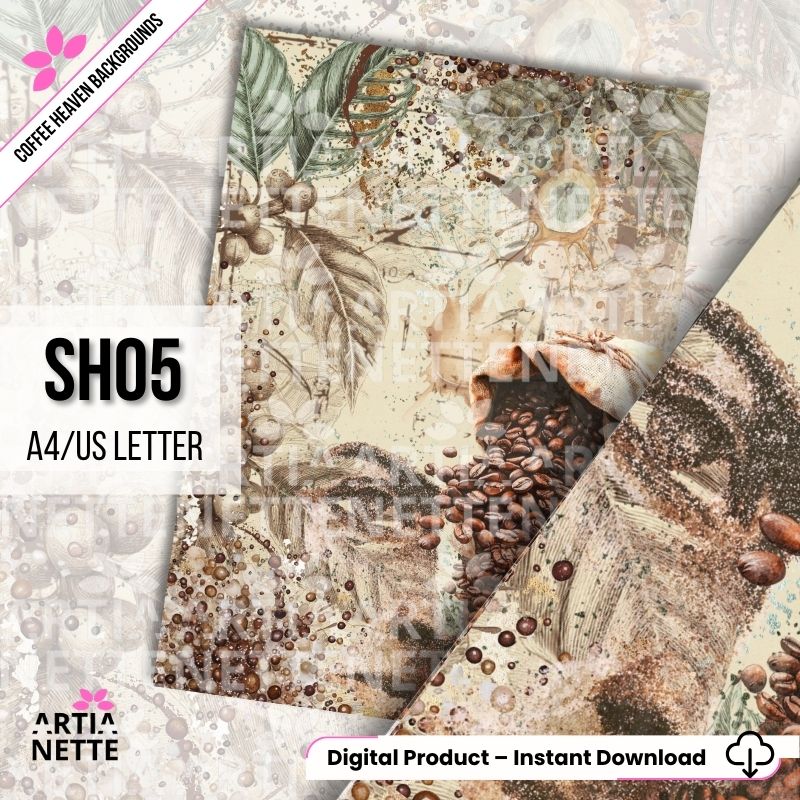 Jasne, przetarte tło z delikatnym botanicznym wzorem kwiatów kawowca i liści na tle akwareli.