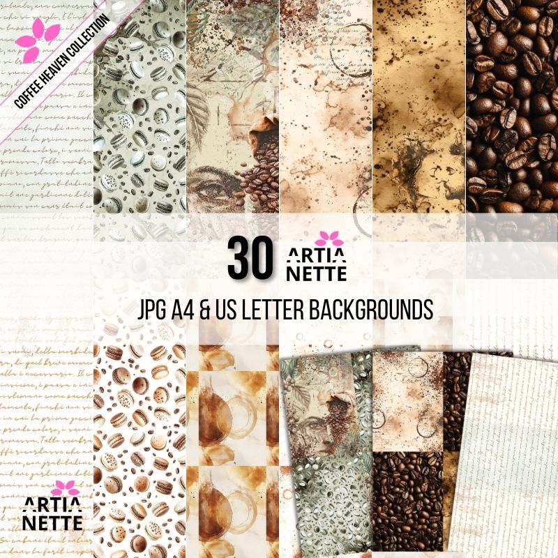 Zestaw 30 cyfrowych teł (Digital Paper) JPG "Coffee Heaven Collection". Tła w stylu akwarelowym z motywami ziaren kawy, plam, makaroników, odręcznego pisma i tekstur papieru. Format A4 i US Letter, 300 DPI.