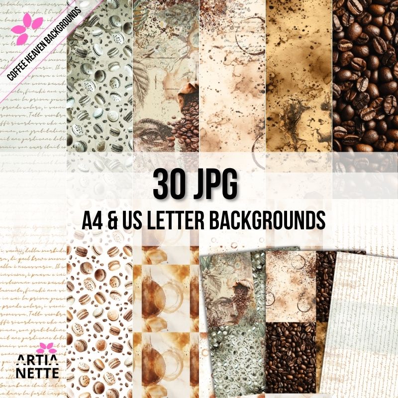 Zestaw 30 cyfrowych teł (Digital Paper) JPG "Coffee Heaven Collection". Tła w stylu akwarelowym z motywami ziaren kawy, plam, makaroników, odręcznego pisma i tekstur papieru. Format A4 i US Letter, 300 DPI.