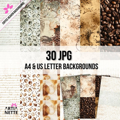 Zestaw 30 cyfrowych teł (Digital Paper) JPG "Coffee Heaven Collection". Tła w stylu akwarelowym z motywami ziaren kawy, plam, makaroników, odręcznego pisma i tekstur papieru. Format A4 i US Letter, 300 DPI.