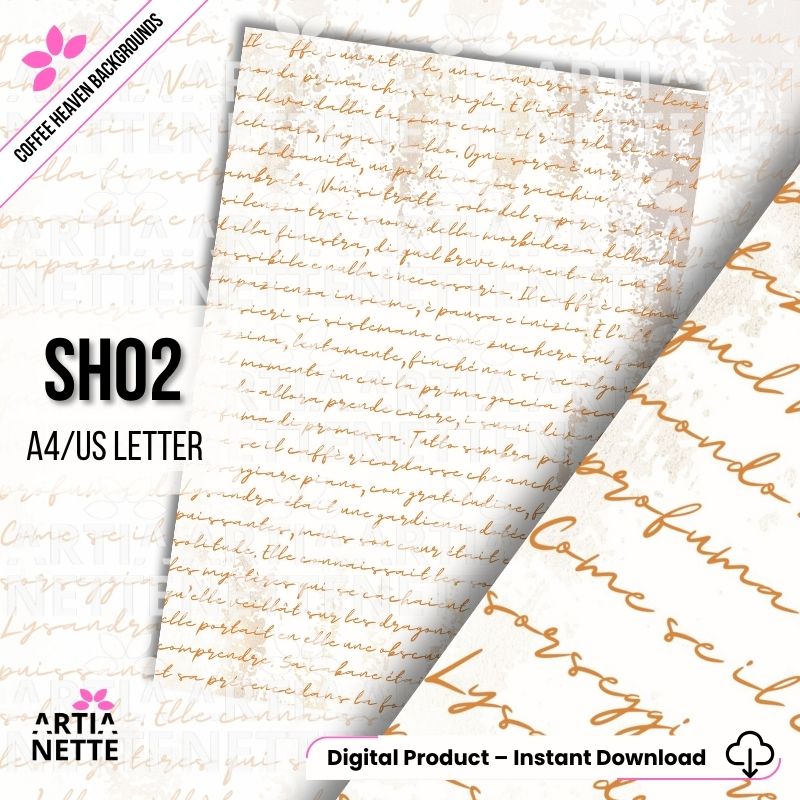 Cyfrowy papier z wzorem odręcznego, kursywnego pisma w kolorze brązowym na jasnym, zniszczonym tle. 