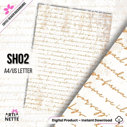 Cyfrowy papier z wzorem odręcznego, kursywnego pisma w kolorze brązowym na jasnym, zniszczonym tle. 