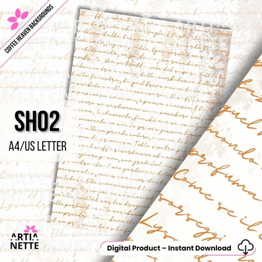 Cyfrowy papier z wzorem odręcznego, kursywnego pisma w kolorze brązowym na jasnym, zniszczonym tle. 