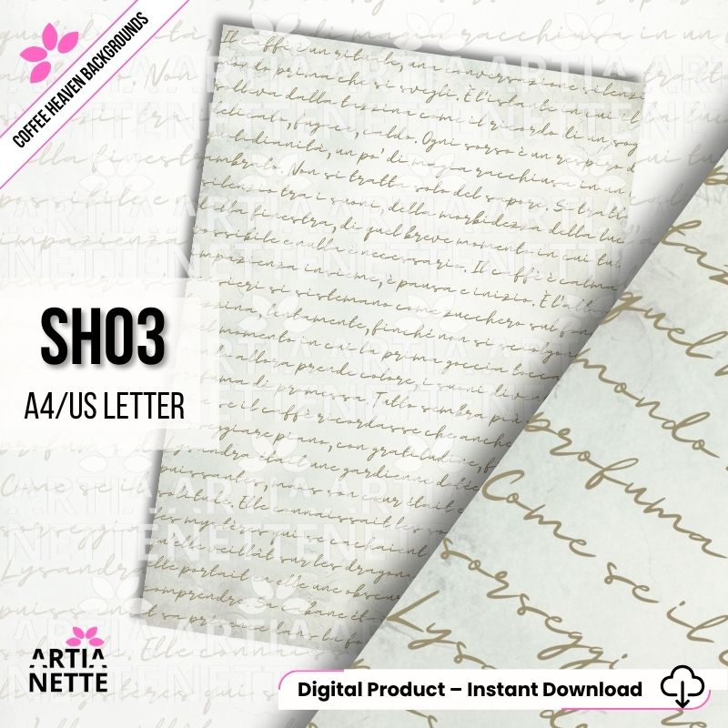 Cyfrowy papier z wzorem odręcznego, kursywnego pisma w kolorze brązowym na jasnym zielonym, zniszczonym tle.