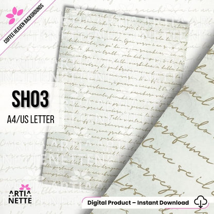 Cyfrowy papier z wzorem odręcznego, kursywnego pisma w kolorze brązowym na jasnym zielonym, zniszczonym tle.