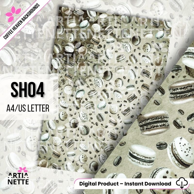 Tekstura papieru akwarelowego z tłem w kolorze jasno zielonym i delikatnym wzorem ziaren kawy i makaroników.