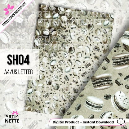 Tekstura papieru akwarelowego z tłem w kolorze jasno zielonym i delikatnym wzorem ziaren kawy i makaroników.