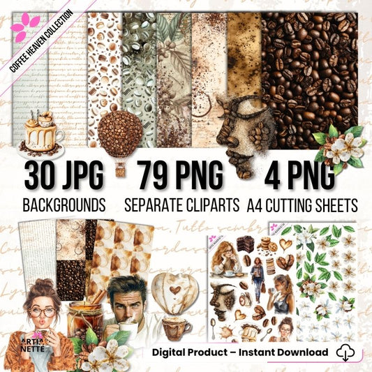 Bogata Kolekcja Kawowa "Coffee Heaven" od ARTIANETTE. Ponad 110 plików! Zestaw 30 Tła JPG i 79 Clipartów PNG, gotowych arkuszy A4. Idealny do scrapbookingu i projektów DIY. Pobierz natychmiast.