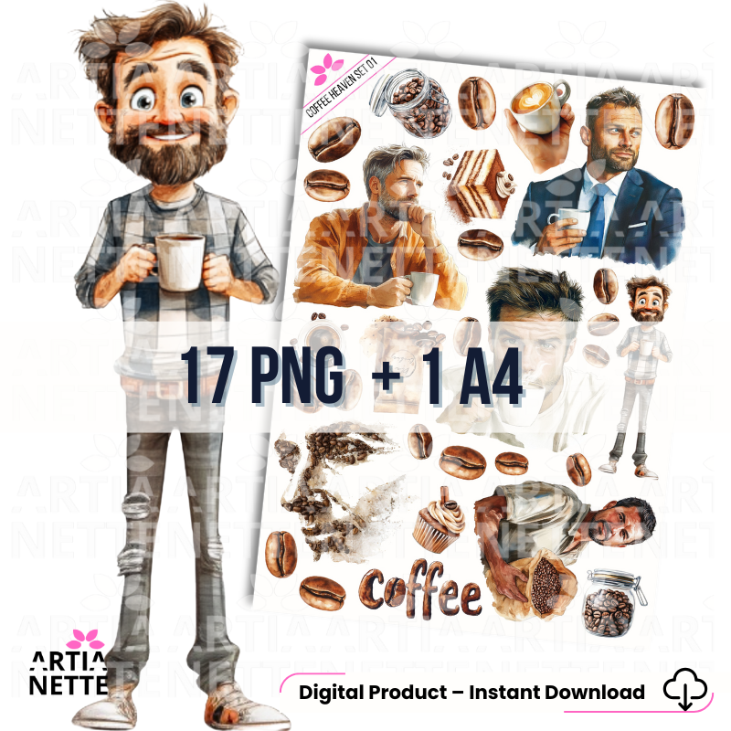 17 Akwarelowych Clipartów PNG o tematyce kawy. Idealne do scrapbookingu, naklejek i dekoracji. Set 01, Instant Download.