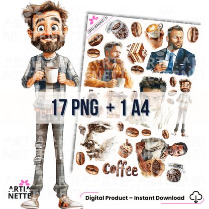 17 Akwarelowych Clipartów PNG o tematyce kawy. Idealne do scrapbookingu, naklejek i dekoracji. Set 01, Instant Download.