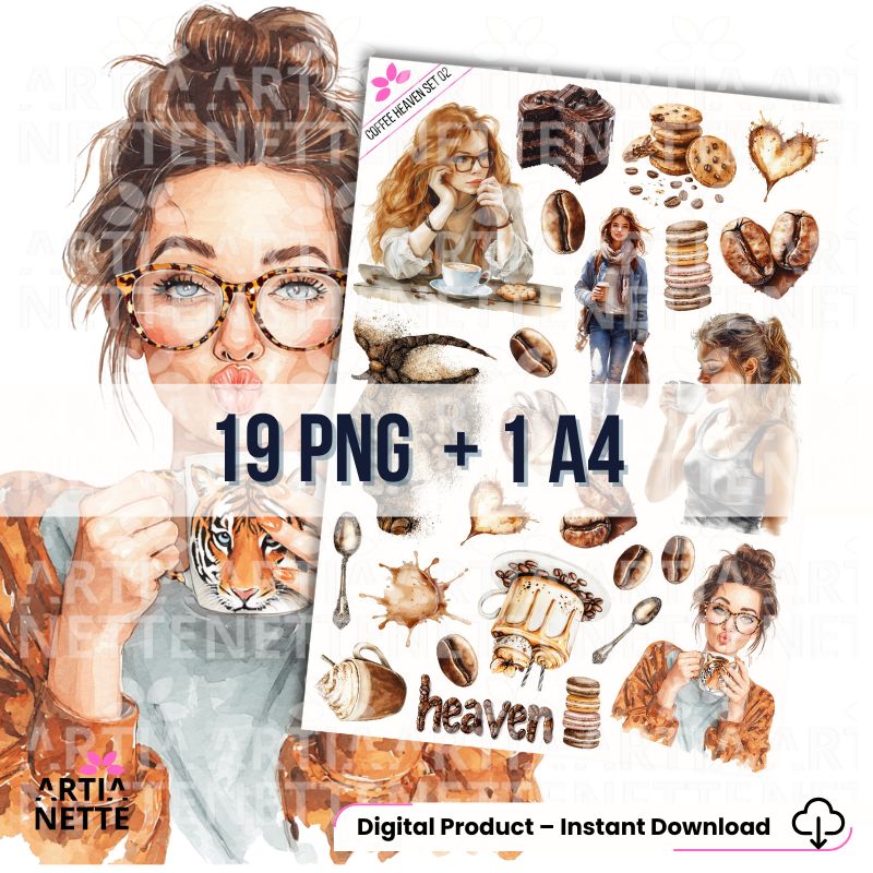 19 Modnych Clipartów PNG (Set 02) z kobiecymi scenkami kawowymi. Idealne do blogów i scrapbookingu. realistyczna akwarela, Instant Download.