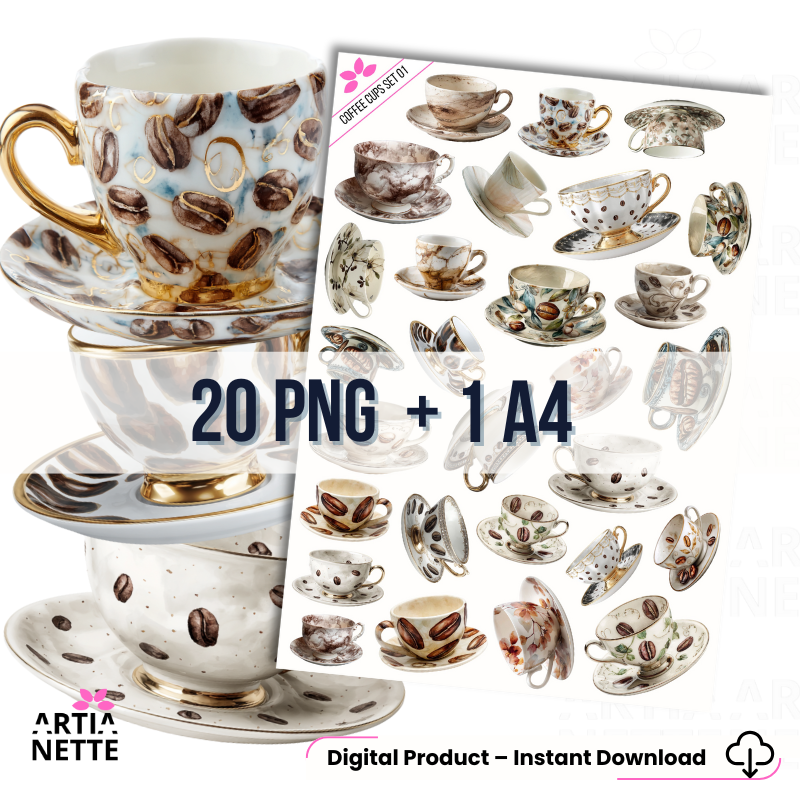 20 Clipartów PNG "Coffee Cups Set 01". Akwarelowe grafiki filiżanek do kawy i spodków, ozdobionych ziarnami kawy, złotymi akcentami i delikatnymi wzorami. Zestaw zawiera również arkusz A4 do druku.