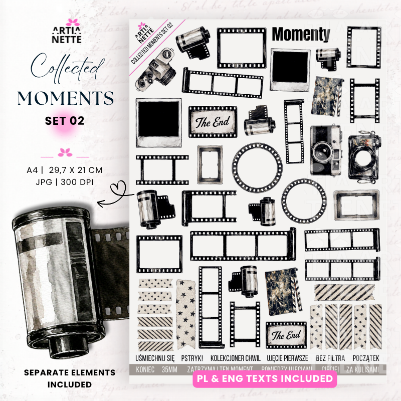 Collected Moments Set 02 – cyfrowy zestaw fotograficzny z kliszami, aparatami, ramkami i napisami PL i EN