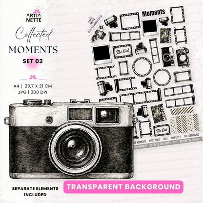 Collected Moments Set 02 – elementy fotograficzne PNG na przezroczystym tle, aparaty, klisze 35 mm i ramki, oddzielne pliki do projektów
