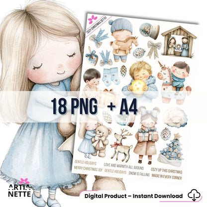 18 Clipartów PNG "Cozy Christmas Set 01". Słodkie akwarelowe grafiki dzieci, reniferów, szopki i ozdób świątecznych. Idealne do kartek i dekoracji DIY.