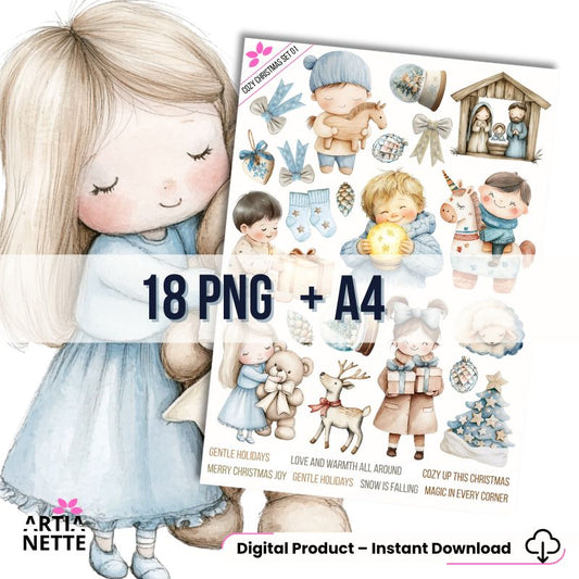 18 Clipartów PNG "Cozy Christmas Set 01". Słodkie akwarelowe grafiki dzieci, reniferów, szopki i ozdób świątecznych. Idealne do kartek i dekoracji DIY.