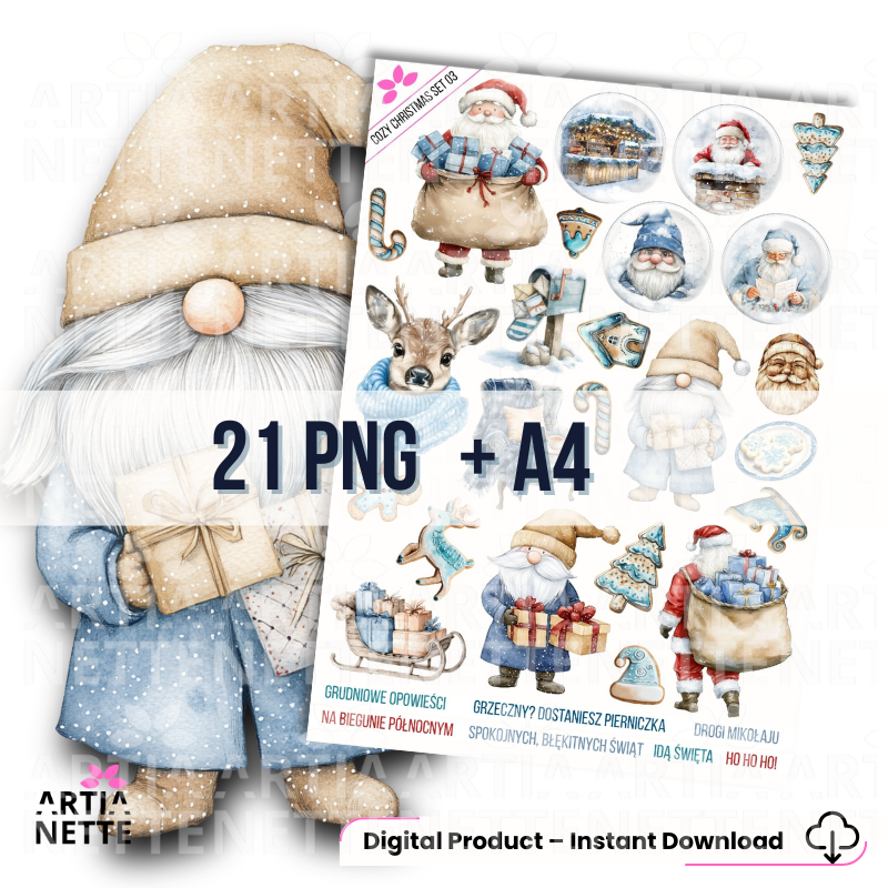 21 Clipartów PNG "Cozy Christmas Set 03". Akwarelowe grafiki gnomów, Świętego Mikołaja, renifera, prezentów i pierniczków. Zestaw zawiera gotowe polskie napisy.