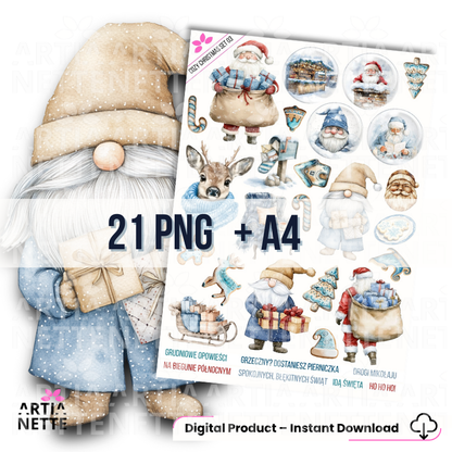 21 Clipartów PNG "Cozy Christmas Set 03". Akwarelowe grafiki gnomów, Świętego Mikołaja, renifera, prezentów i pierniczków. Zestaw zawiera gotowe polskie napisy.