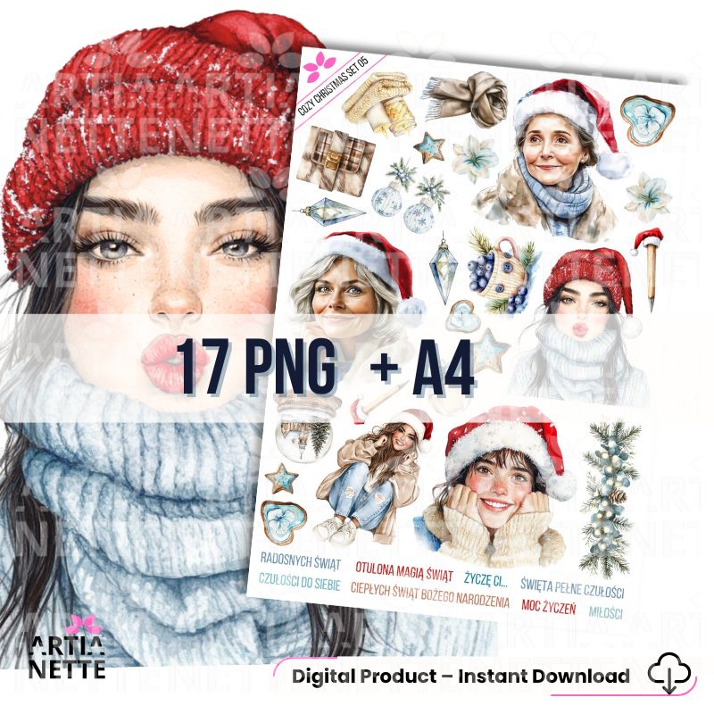 17 Clipartów PNG "Cozy Christmas Set 05". Akwarelowe portrety kobiet w czapkach Mikołaja, zimowych szalikach, z kryształami lodu i polskimi napisami.