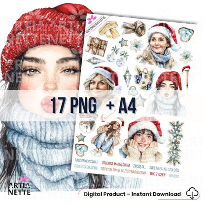 17 Clipartów PNG "Cozy Christmas Set 05". Akwarelowe portrety kobiet w czapkach Mikołaja, zimowych szalikach, z kryształami lodu i polskimi napisami.