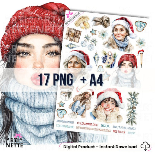17 Clipartów PNG "Cozy Christmas Set 05". Akwarelowe portrety kobiet w czapkach Mikołaja, zimowych szalikach, z kryształami lodu i polskimi napisami.