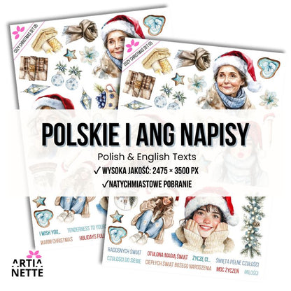 17 Clipartów PNG "Cozy Christmas Set 05". Akwarelowe portrety kobiet w czapkach Mikołaja, zimowych szalikach, z kryształami lodu i polskimi napisami.