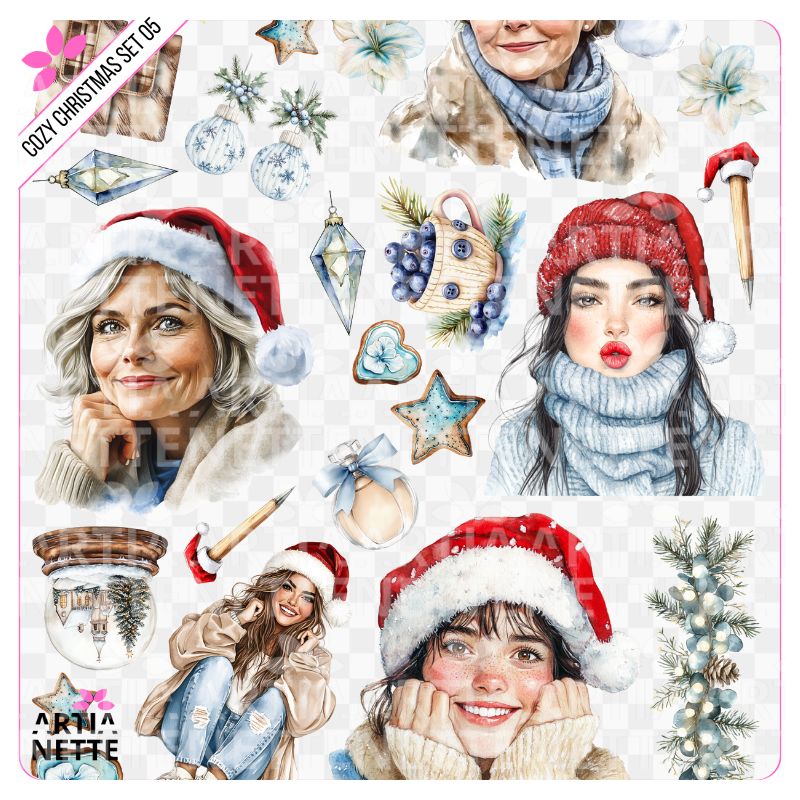 17 Clipartów PNG "Cozy Christmas Set 05". Akwarelowe portrety kobiet w czapkach Mikołaja, zimowych szalikach, z kryształami lodu i polskimi napisami.