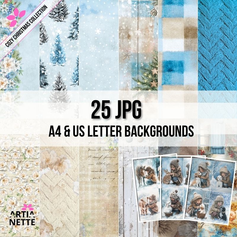 Mega Kolekcja Teł i Clipartów Akwarelowych "Cozy Christmas Collection". Zestaw zawiera przytulne świąteczne grafiki: dzieci, dorosłe postacie w zimowych swetrach, prezenty, śnieżynki, renifery, szopkę, wieńce i świąteczne cytaty. Idealne do kartek DIY i Journalingu.