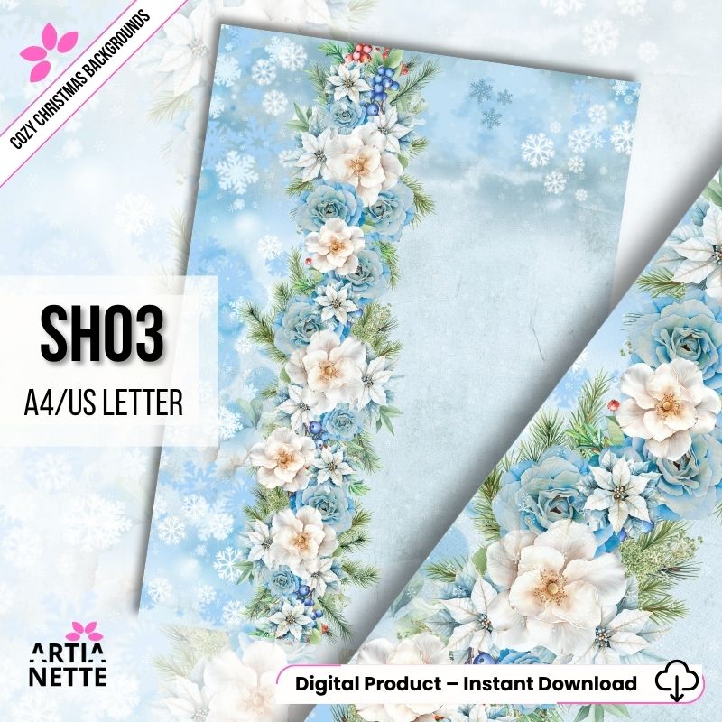 Cyfrowe tło "Cozy Christmas SH03" (A4/US Letter). Akwarela z białymi i niebieskimi kwiatami, śnieżynkami i gałązkami na jasnoniebieskim tle.