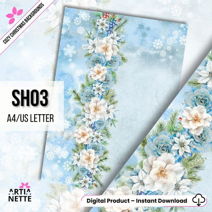 Cyfrowe tło "Cozy Christmas SH03" (A4/US Letter). Akwarela z białymi i niebieskimi kwiatami, śnieżynkami i gałązkami na jasnoniebieskim tle.