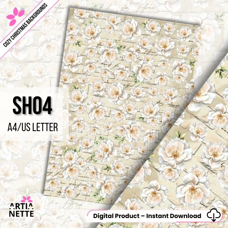 Cyfrowe tło "Cozy Christmas SH04" (A4/US Letter). Akwarela z motywem drobnych, kremowych kwiatów i odręcznego pisma na tle postarzałego papieru.
