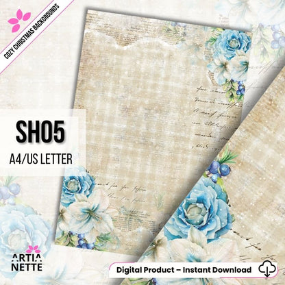 Cyfrowe tło "Cozy Christmas SH05" (A4/US Letter). Akwarelowe tło z teksturą papieru, niebieskimi kwiatami i jagodami, z elementami pisma i kraty.