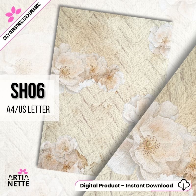 Cyfrowe tło "Cozy Christmas SH06" (A4/US Letter). Akwarela z motywem beżowego, wełnianego splotu (warkocz) z delikatnymi białymi i kremowymi kwiatami.