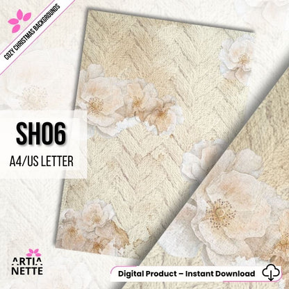 Cyfrowe tło "Cozy Christmas SH06" (A4/US Letter). Akwarela z motywem beżowego, wełnianego splotu (warkocz) z delikatnymi białymi i kremowymi kwiatami.