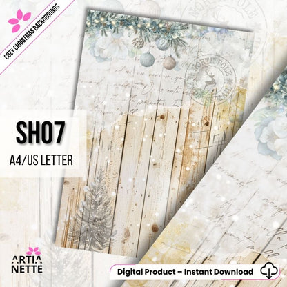 Cyfrowe tło "Cozy Christmas SH07" (A4/US Letter). Akwarela z efektem białych desek drewna i elementami: pieczęć pocztowa North Pole, szyszki, gałązki i ozdoby świąteczne.