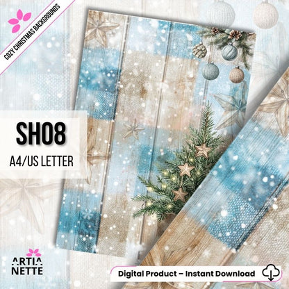 Cyfrowe tło "Cozy Christmas SH08" (A4/US Letter). Akwarela z efektem niebiesko-brązowych desek drewna, ośnieżoną choinką, ozdobami i drewnianymi gwiazdami.