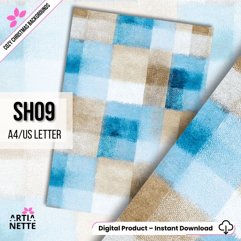 Cyfrowe tło "Cozy Christmas SH09" (A4/US Letter). Akwarelowy wzór w kratę w kolorach niebieskim, brązowym i beżowym, z efektem tekstury tkaniny.
