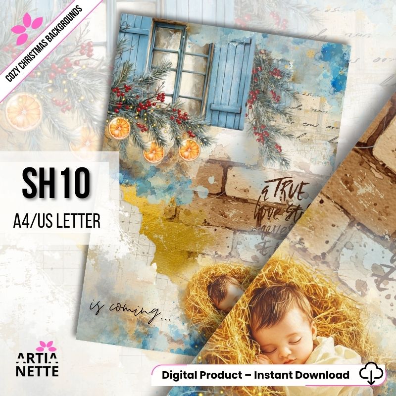 Cyfrowe tło "Cozy Christmas SH10" (A4/US Letter). Akwarela z motywem: śpiące dziecko (Jezus) w sianie, stare okno z niebieskimi okiennicami i świątecznymi gałązkami, tło z napisami