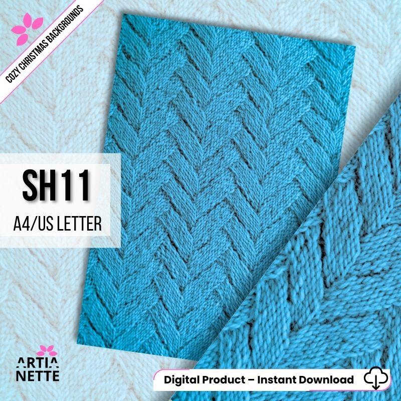 Cyfrowe tło "Cozy Christmas SH11" (A4/US Letter). Wzór dzianiny, niebieski, z efektem splotu typu warkocz lub chevron.
