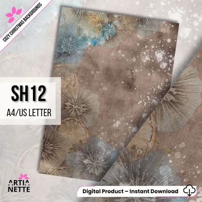 Cyfrowe tło "Cozy Christmas SH12" (A4/US Letter). Abstrakcyjna akwarela w odcieniach brązu i błękitu, z elementami przypominającymi kwiaty mniszka i z pomarańczą