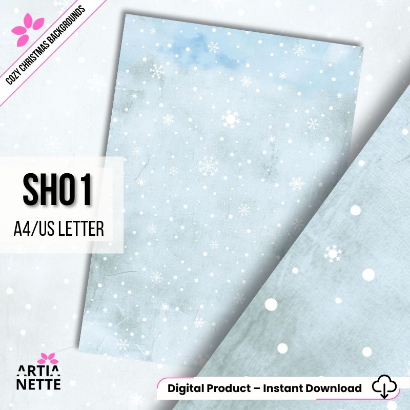Cyfrowe tło "Cozy Christmas SH01" (A4/US Letter). Akwarelowe jasnoniebieskie tło z efektem padającego śniegu i kryształków lodu.