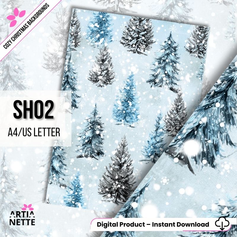 Cyfrowe tło "Cozy Christmas SH02" (A4/US Letter). Wzór choinek w kolorach niebieskim, szarym i białym na jasnym tle ze śniegiem.