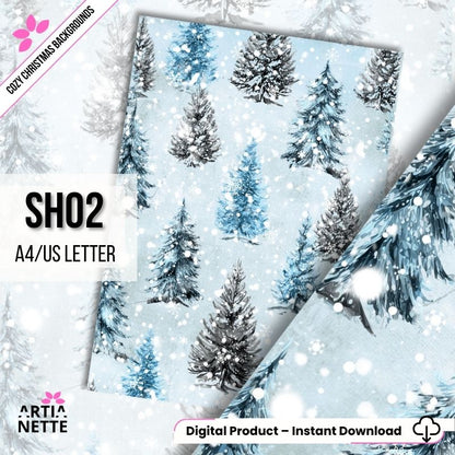 Cyfrowe tło "Cozy Christmas SH02" (A4/US Letter). Wzór choinek w kolorach niebieskim, szarym i białym na jasnym tle ze śniegiem.