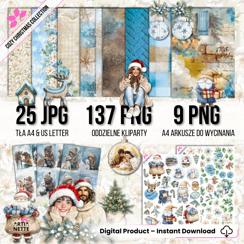 Mega Kolekcja Teł i Clipartów Akwarelowych "Cozy Christmas Collection". Zestaw zawiera przytulne świąteczne grafiki: dzieci, dorosłe postacie w zimowych swetrach, prezenty, śnieżynki, renifery, szopkę, wieńce i świąteczne cytaty. Idealne do kartek DIY i Journalingu.